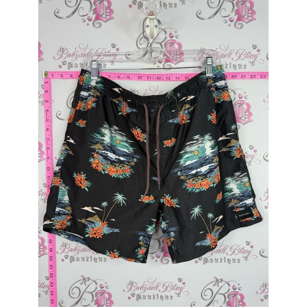 Rip Curl Black Swim Trunks with Orange Floral and Teal Scenic Print tiki Hawaii